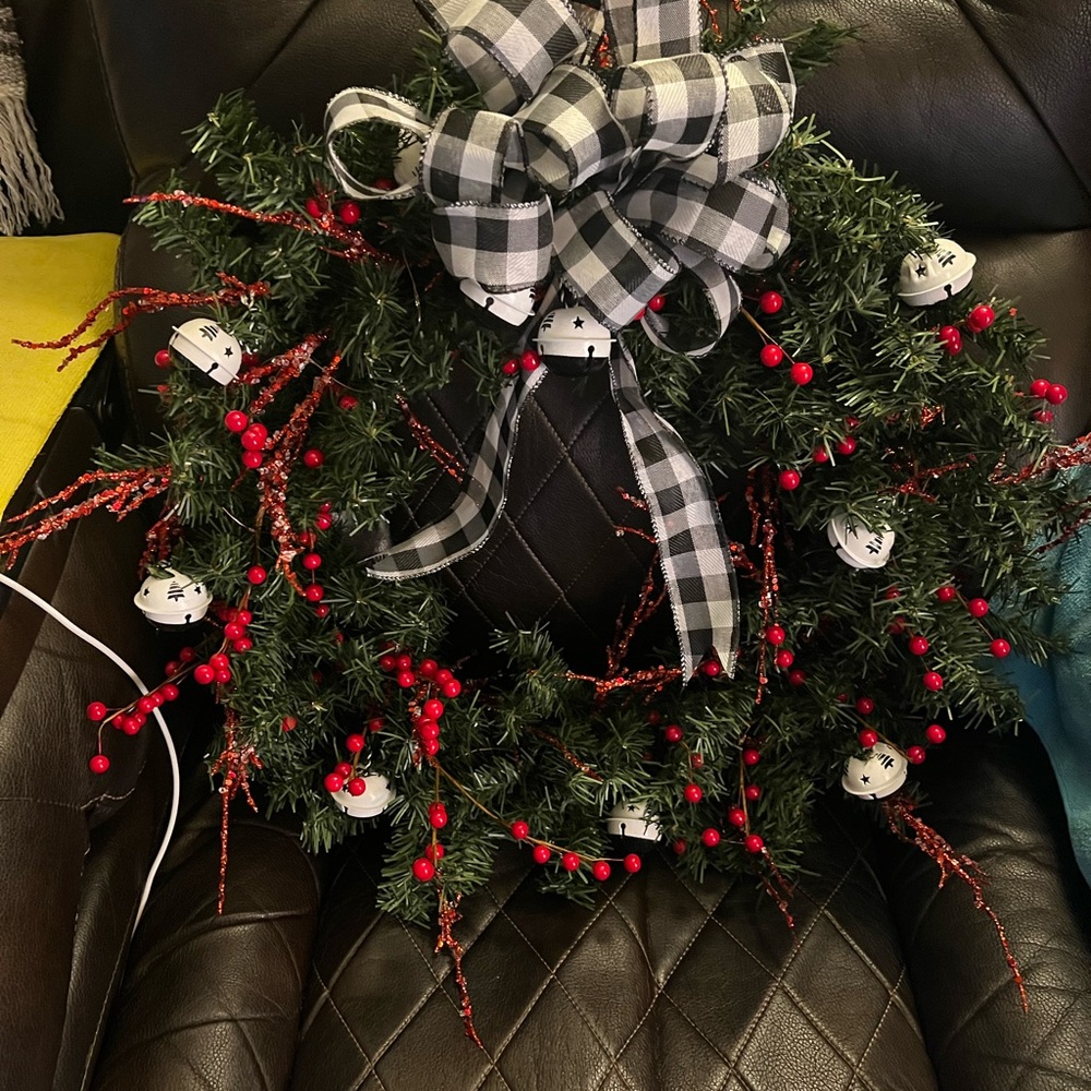 Festive Holiday Wreath with Black and White Bow